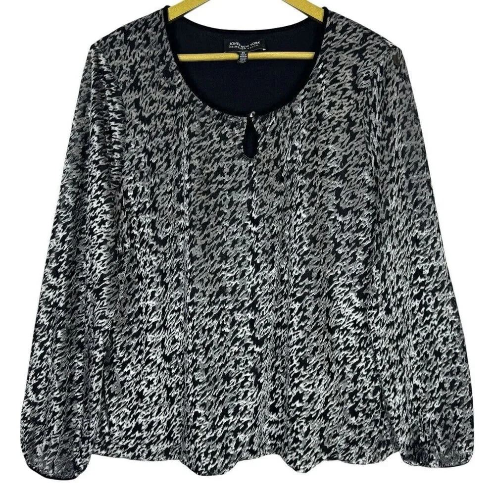 Jones New York Black & White Patterned Long-Sleeve Blouse